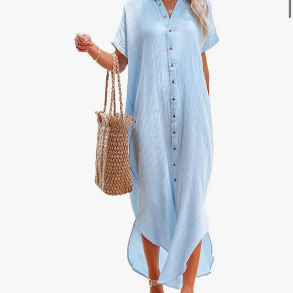 Elegant Blue Button-Down Maxi Dress